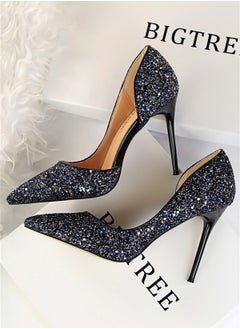 BIGTREE 9.5cm Slim Shoes For Women With Slim Heels Shallow Heels And Pointed Side Sequins Blue  - Image 2