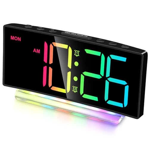 Cadmos Extra Loud Alarm Clock for Heavy Sleepers Adults,Teens,Kids,Rainbow Clock for Bedrooms,Small Bedside Digital Clock with Large Display,7 Color Night Light,12/24h(Black+Dynamic) - Image 1
