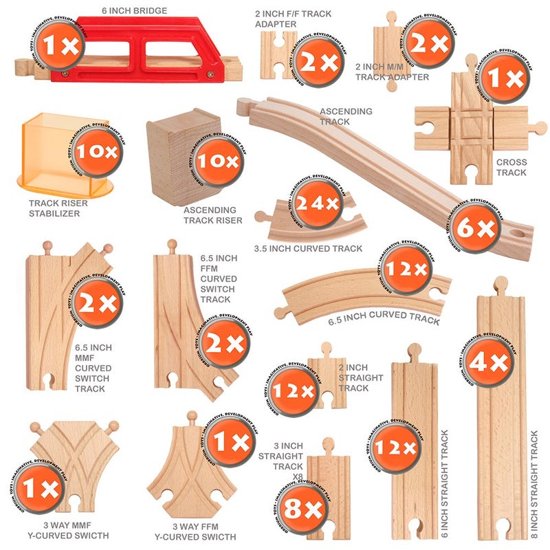 Orbrium 110 Pieces Wooden Train Tracks Expansion Pack with Bridges Tunnel Ascending Tracks Accessories Elevated Tracks Toddler Boys Kids 38 Montessori STEM Gift Compatible Thomas Brio Wooden Railways - Image 3