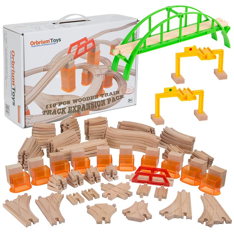 Orbrium 110 Pieces Wooden Train Tracks Expansion Pack with Bridges Tunnel Ascending Tracks Accessories Elevated Tracks Toddler Boys Kids 38 Montessori STEM Gift Compatible Thomas Brio Wooden Railways - Image 2