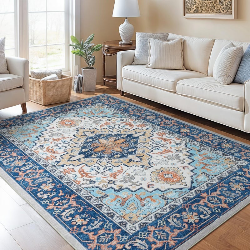 Lofus 5x7 Area Rugs for Living Room, Washable Area Rug, Rugs for Bedroom, Kitchen, Vintage Boho Carpet, Soft Non-Slip, Low Pile Large Area Rug for Office Dining Room, Floral Blue - Image 4