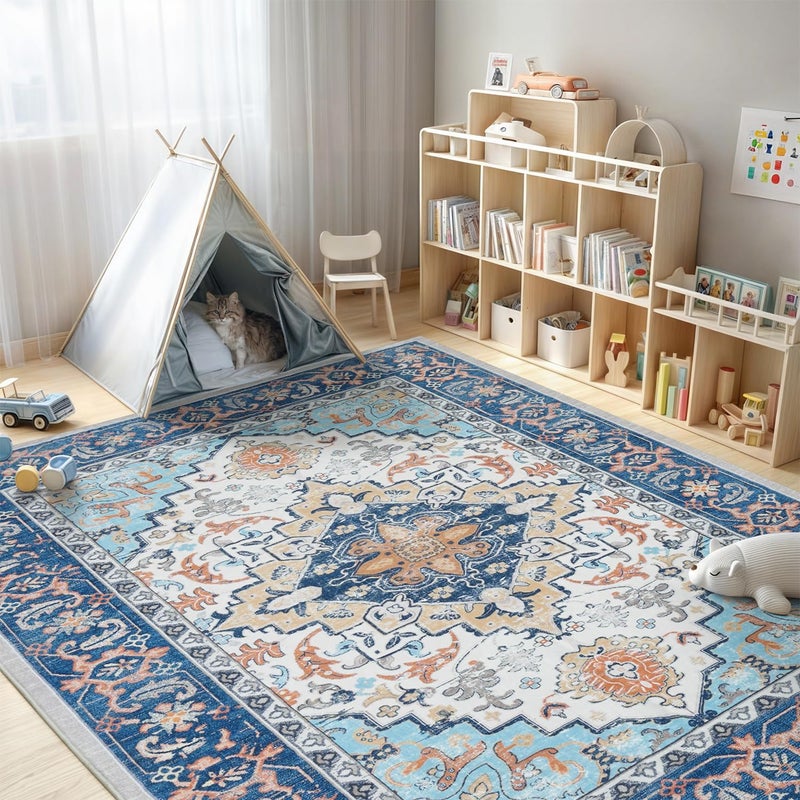 Lofus 5x7 Area Rugs for Living Room, Washable Area Rug, Rugs for Bedroom, Kitchen, Vintage Boho Carpet, Soft Non-Slip, Low Pile Large Area Rug for Office Dining Room, Floral Blue - Image 2