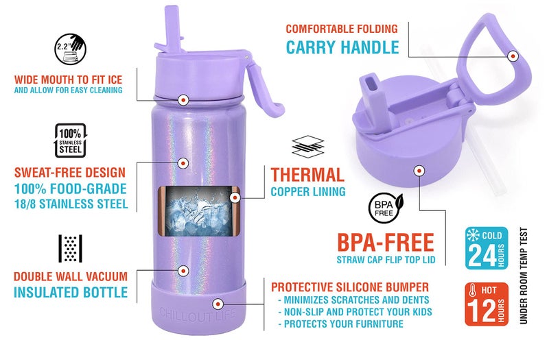 CHILLOUT LIFE 17 oz Kids Insulated Water Bottle with Straw Lid Leakproof and Cute Waterproof Stickers, Personalized Stainless Steel Thermos Flask Metal Water Bottle, Purple Sparkle - Image 3