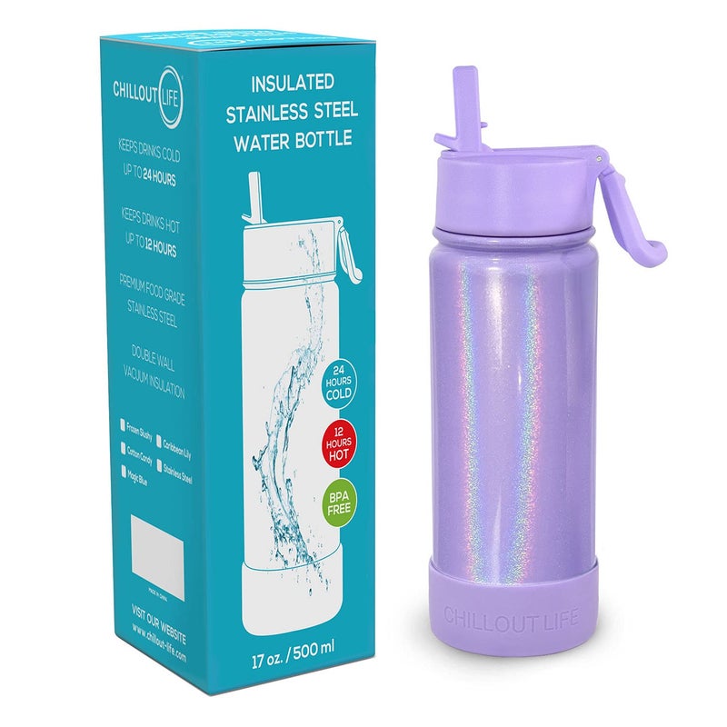 CHILLOUT LIFE 17 oz Kids Insulated Water Bottle with Straw Lid Leakproof and Cute Waterproof Stickers, Personalized Stainless Steel Thermos Flask Metal Water Bottle, Purple Sparkle - Image 2
