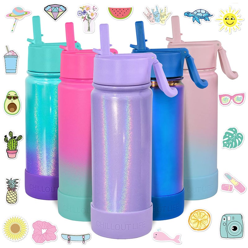 CHILLOUT LIFE 17 oz Kids Insulated Water Bottle with Straw Lid Leakproof and Cute Waterproof Stickers, Personalized Stainless Steel Thermos Flask Metal Water Bottle, Purple Sparkle - Image 1