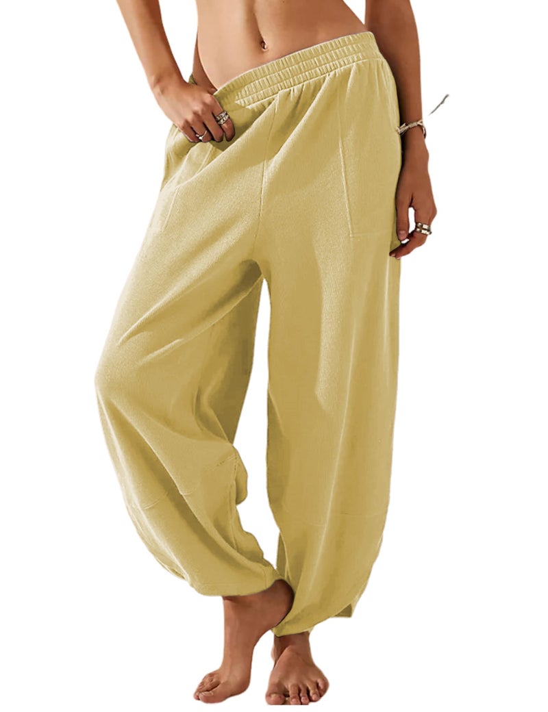 Springrain Womens Baggy Wide Leg Pants Cotton Elastic Waisted Loose Palazzo Harem Pants with Pockets(Yellow-M) - Image 1
