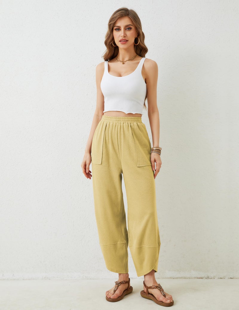 Springrain Womens Baggy Wide Leg Pants Cotton Elastic Waisted Loose Palazzo Harem Pants with Pockets(Yellow-M) - Image 2