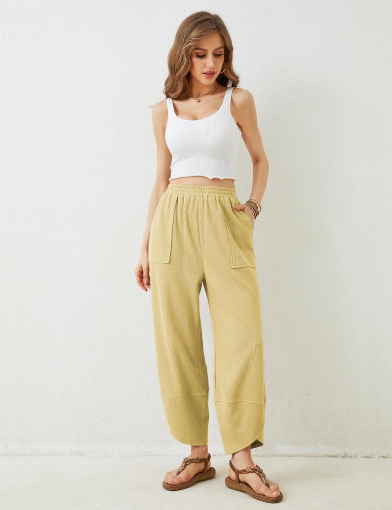 Springrain Womens Baggy Wide Leg Pants Cotton Elastic Waisted Loose Palazzo Harem Pants with Pockets(Yellow-M) - Image 5