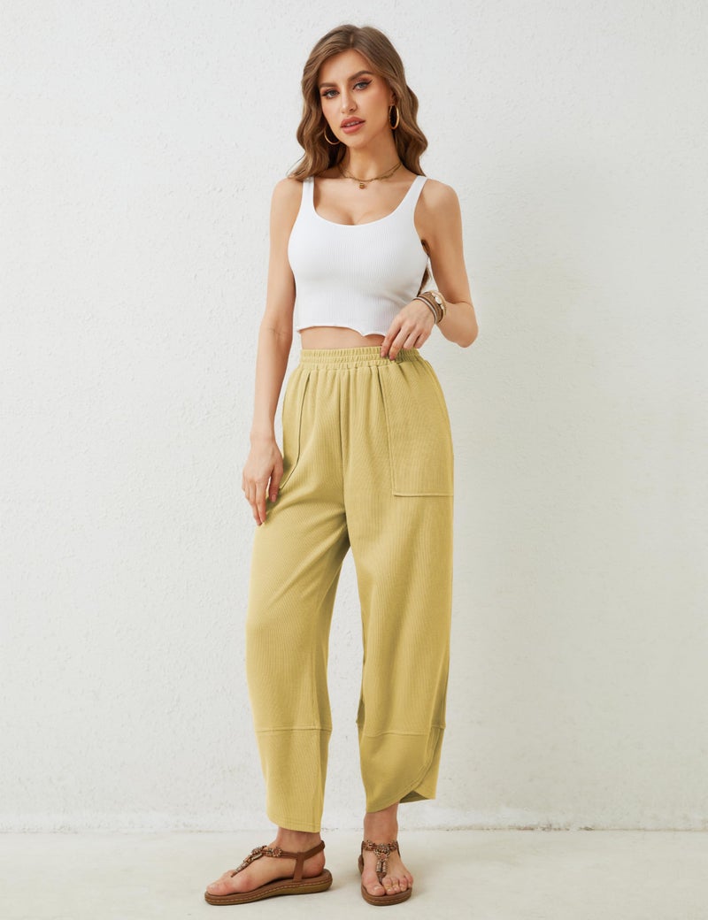 Springrain Womens Baggy Wide Leg Pants Cotton Elastic Waisted Loose Palazzo Harem Pants with Pockets(Yellow-M) - Image 4