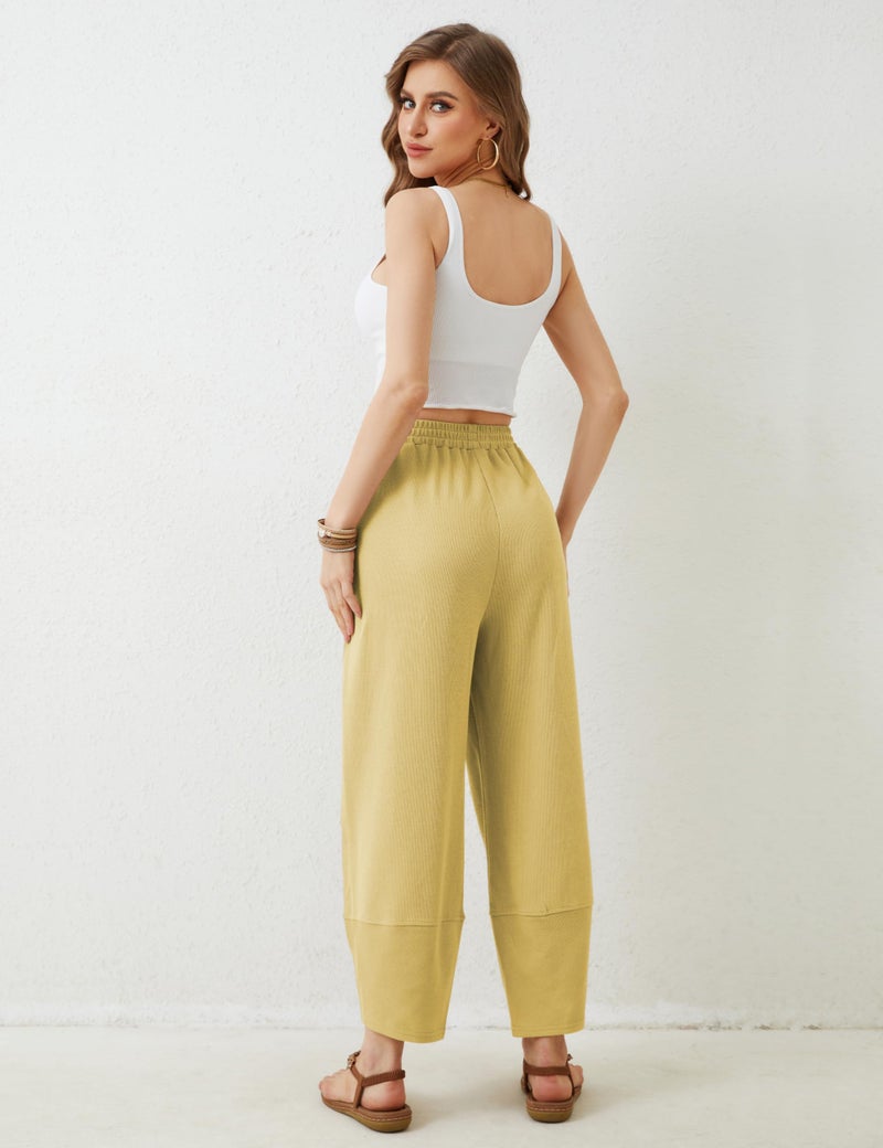 Springrain Womens Baggy Wide Leg Pants Cotton Elastic Waisted Loose Palazzo Harem Pants with Pockets(Yellow-M) - Image 3