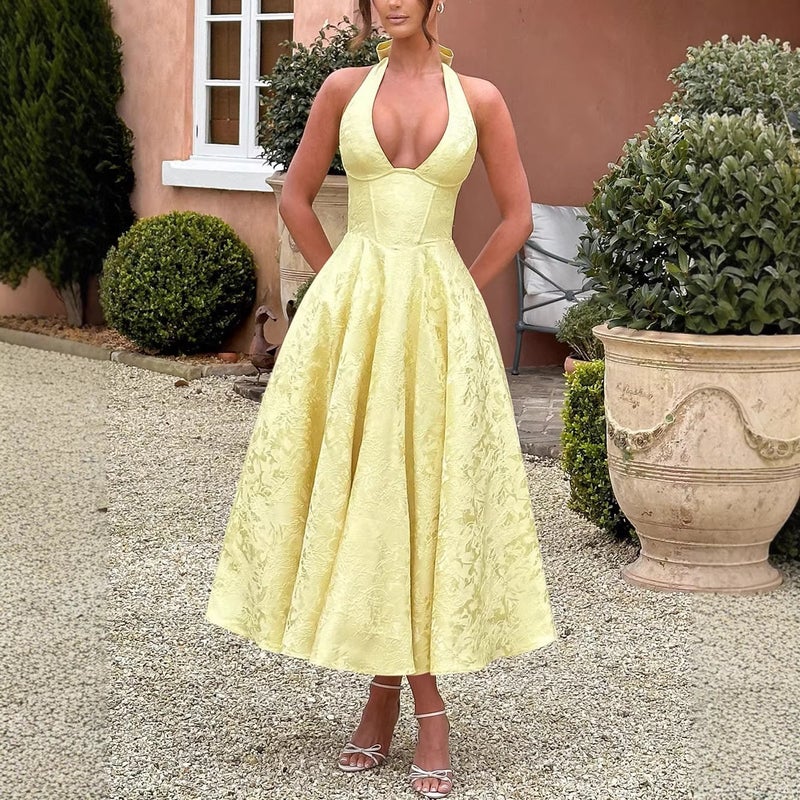 Elegant V-Neck Halter Jacquard Maxi Dress - Image 1