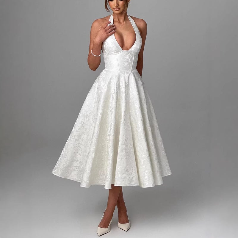 Elegant V-Neck Halter Jacquard Maxi Dress - Image 3