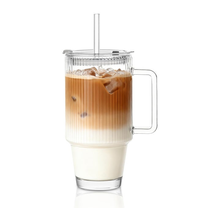 24 OZ RIBBED GLASS TUMBLERS WITH LIDS AND STRAWS TUMBLER CUP WITH HANDLE ICED COFFEE GLASSWARE CLEAR REUSABLE DRINKWARE FOR SMOOTHIES AND BEVERAGES 1