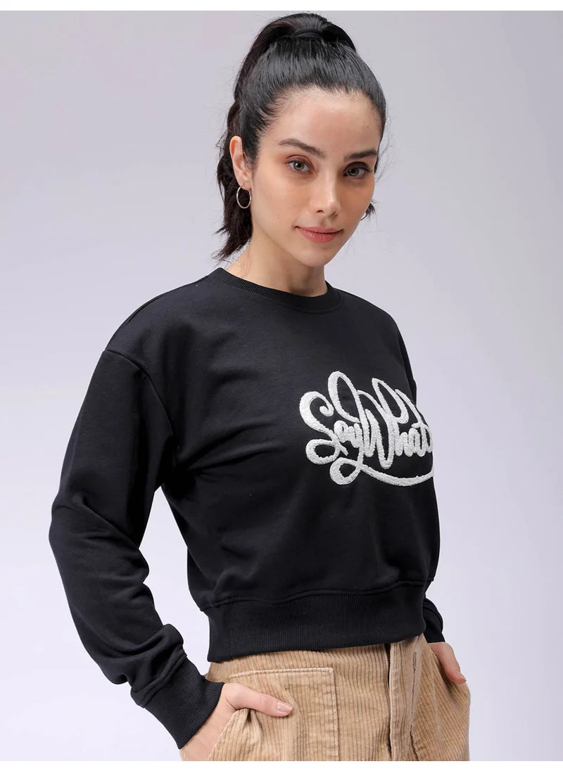 مرفوعة Women Relaxed Black Printed Crew Neck Long Sleeve Sweatshirt