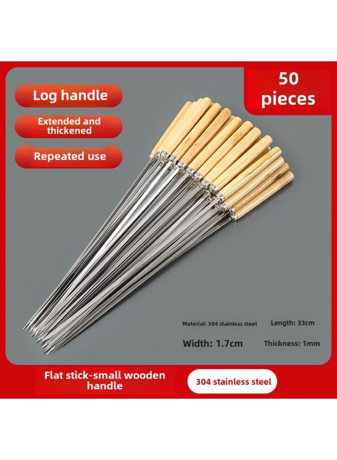 Barbecue Skewer 304 Stainless Steel Roasting Needle Wooden Handle Flat Skewer Mutton Skewers Barbecue Iron Skewer Special Tools-Specification:Ready Stock Shipped Quickly-Colour:304 Stainless Steel Material [50 Pieces] With Wooden Handle  - Image 1