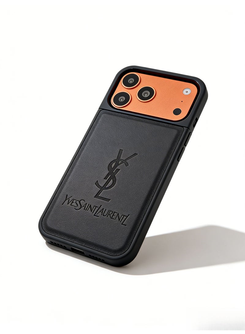 سانت لوران Saint Laurent YSL Logo Embossed Leather iPhone 16/17 Pro Max Case, Black - Image 2