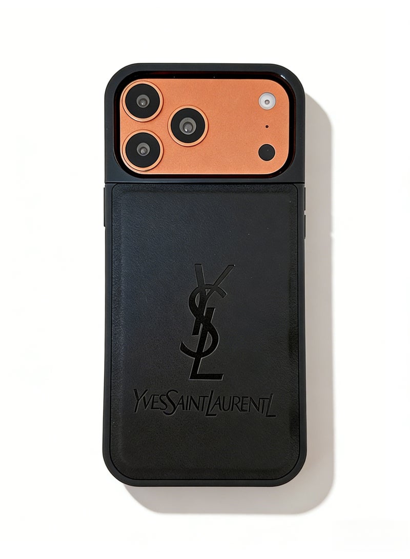 سانت لوران Saint Laurent YSL Logo Embossed Leather iPhone 16/17 Pro Max Case, Black - Image 1