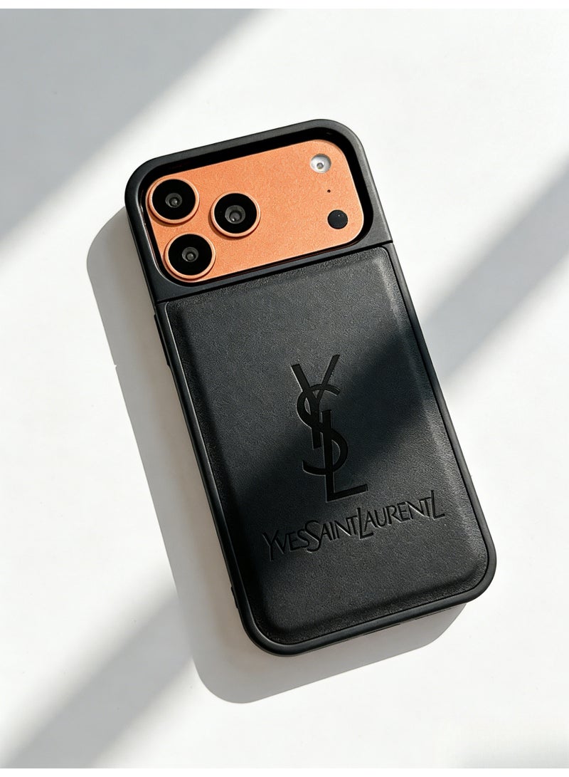 سانت لوران Saint Laurent YSL Logo Embossed Leather iPhone 16/17 Pro Max Case, Black - Image 3
