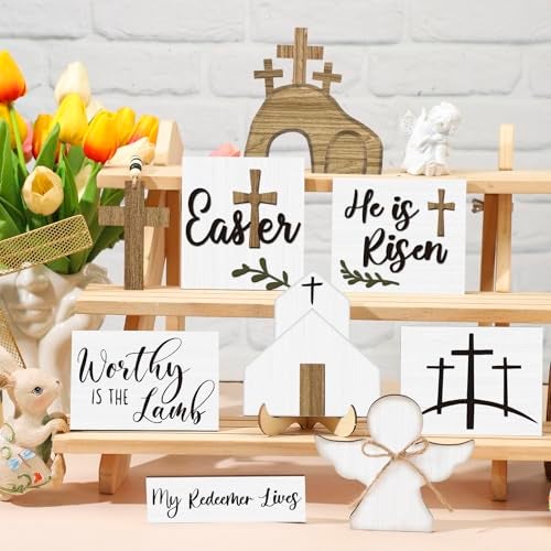 Glenmal 9 Pcs Easter Tiered Tray Decor Religious Easter Decorations He is Risen Cross Tray Decoration Sets Christian Cross Table Wooden Sign Farmhouse Table Decor for Home Kitchen Office Holiday - Image 3