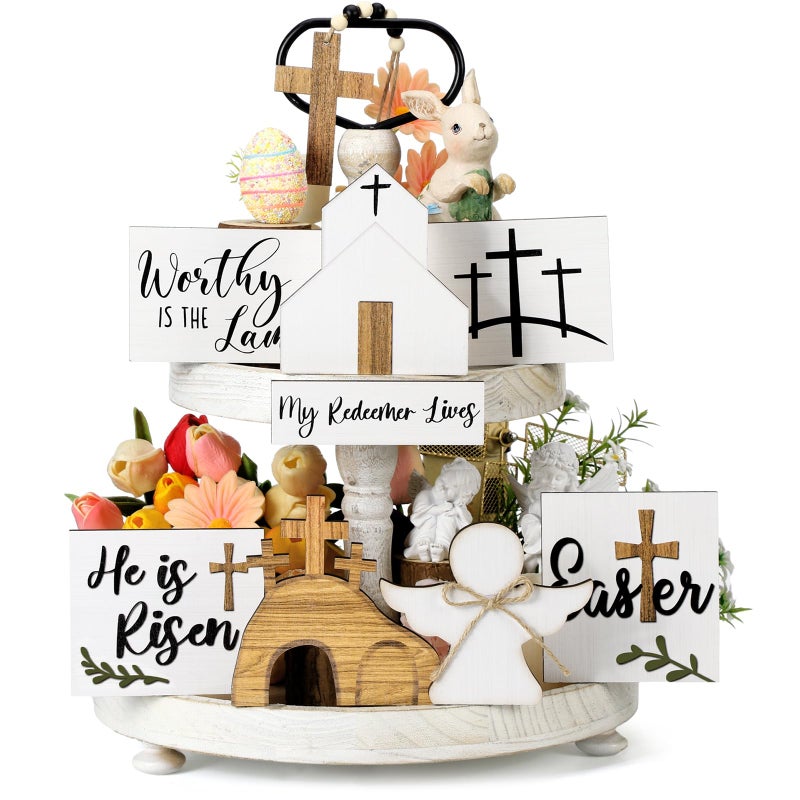 Glenmal 9 Pcs Easter Tiered Tray Decor Religious Easter Decorations He is Risen Cross Tray Decoration Sets Christian Cross Table Wooden Sign Farmhouse Table Decor for Home Kitchen Office Holiday - Image 2