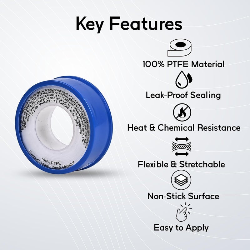 Prem Tiles شريط لاصق من PTFE لمانع تسرب المياه | شريط لاصق أبيض بقطر 12 مم وطول 10 م للأنابيب والصنابير والدش والغاز وإصلاحات السباكة - كثافة عالية، غير سامة | صنع في الهند (عبوة من 1) - Image 4