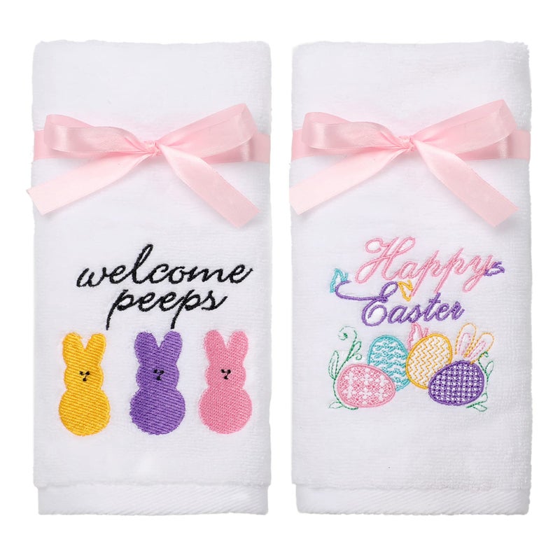 NEWLIGHTURE Easter Hand Towels 100% Cotton Embroidered Happy Easter Bunny Decorative Bathroom Kitchen Dish Towels Set Gift Set of 2 14x29inch - Image 1