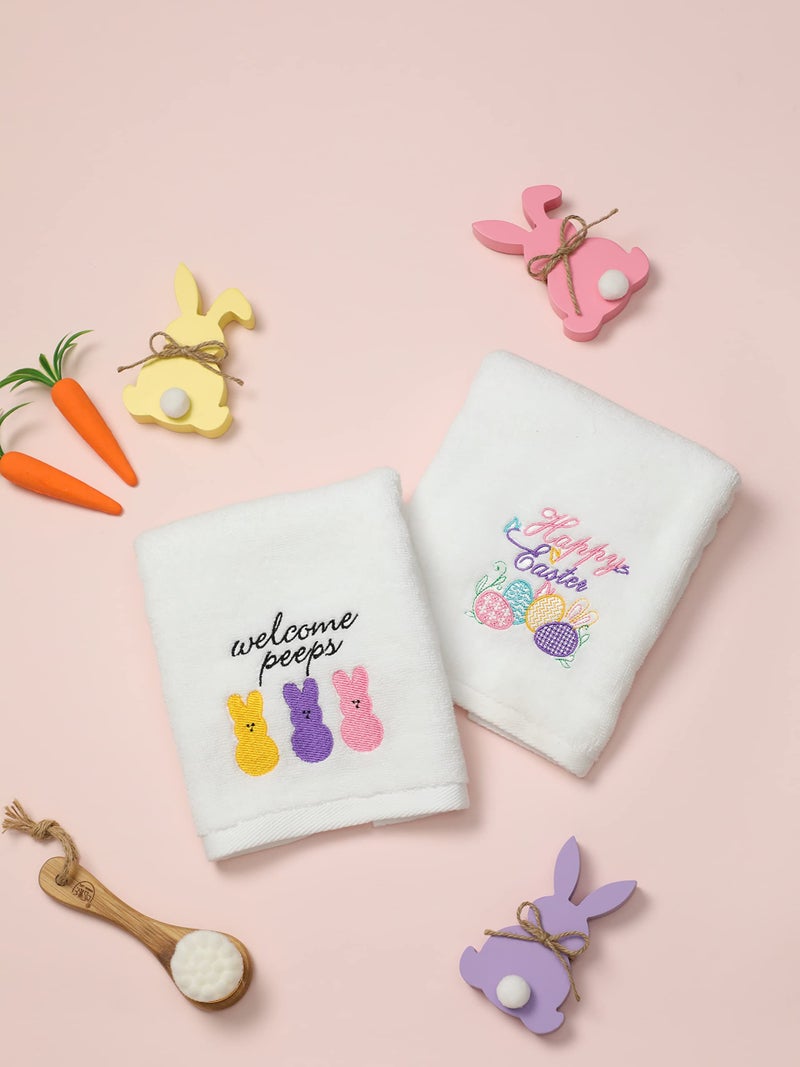 NEWLIGHTURE Easter Hand Towels 100% Cotton Embroidered Happy Easter Bunny Decorative Bathroom Kitchen Dish Towels Set Gift Set of 2 14x29inch - Image 2