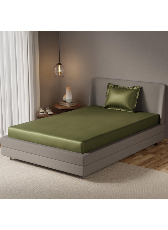 Stoa Paris Elastic Fitted Single Bedsheet with 1 Pillow Cover, 300 TC UltraSatin Premium Bedding Set, Aesthetic Home Decor, Gifts for Woman, Birthday, Housewarming, Date Night - Olive Oasis - Image 2