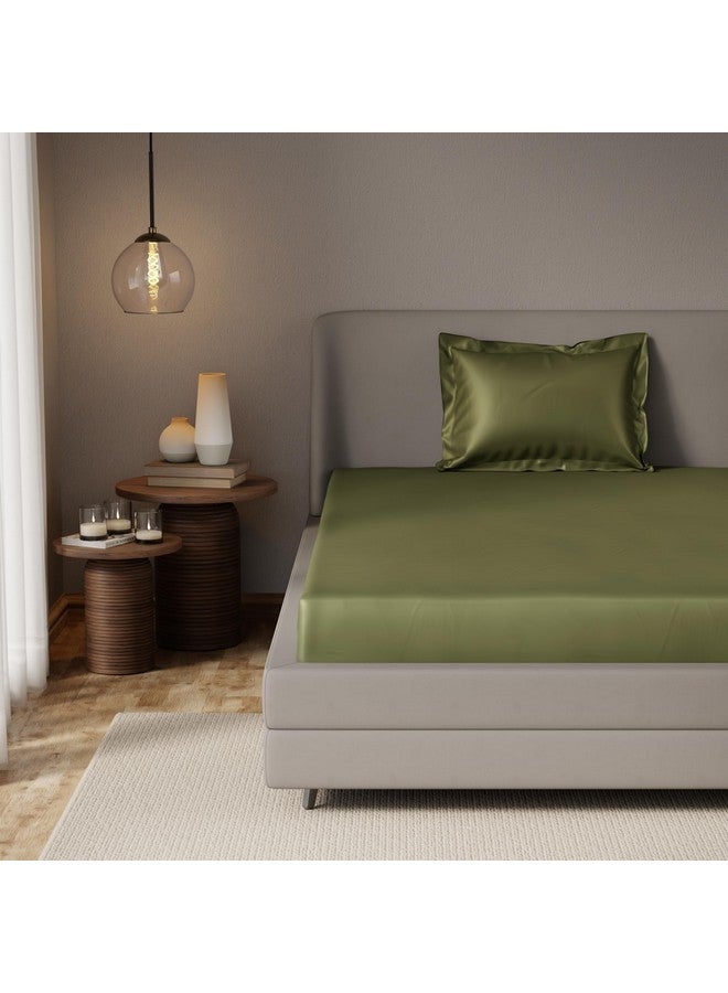 Stoa Paris Elastic Fitted Single Bedsheet with 1 Pillow Cover, 300 TC UltraSatin Premium Bedding Set, Aesthetic Home Decor, Gifts for Woman, Birthday, Housewarming, Date Night - Olive Oasis - Image 1
