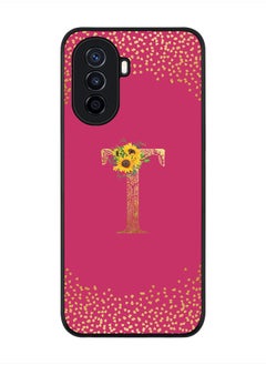 Stylizedd Rugged Black Edge Case for Huawei Nova Y70 , Slim fit Thin Cover -  Custom Monogram Initial Letter Mandala Floral Pattern Alphabet- T (Dark Pink Rose)  - Image 1