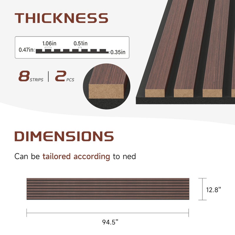 POHARE Wood Slat Wall Panels, 2 Pack 8 x 1 ft Decorative Wood Panels for Wall,Stylish Wall Panels for Interior Wall Decor, Modern Acoustic Wood Wall Panels with Felt Backing, Walnut - Image 2