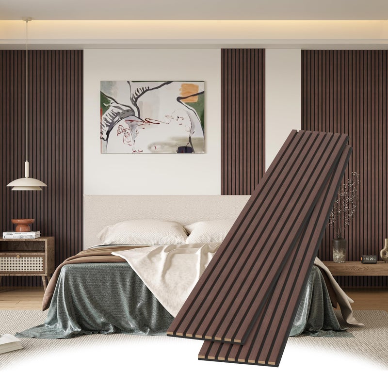 POHARE Wood Slat Wall Panels, 2 Pack 8 x 1 ft Decorative Wood Panels for Wall,Stylish Wall Panels for Interior Wall Decor, Modern Acoustic Wood Wall Panels with Felt Backing, Walnut - Image 1