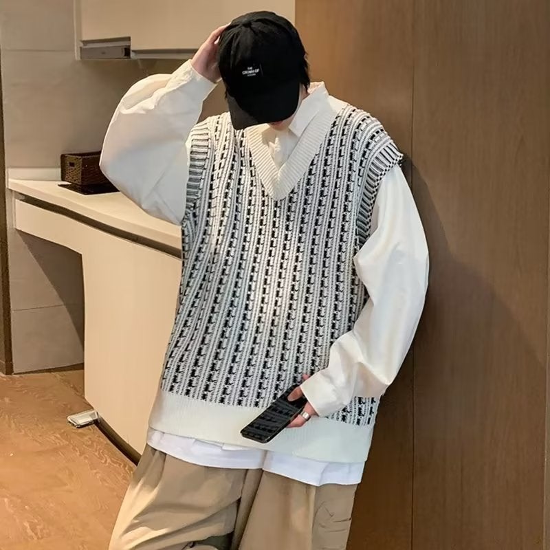 V-Neck Sweater Vest Men'S Waistcoat Trendy Japanese Loose Sleeveless Sweater With Shirt Trendy - Image 5