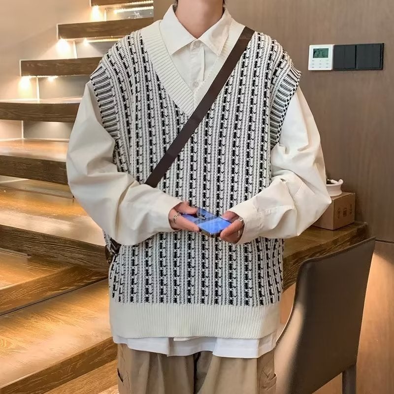 V-Neck Sweater Vest Men'S Waistcoat Trendy Japanese Loose Sleeveless Sweater With Shirt Trendy - Image 2