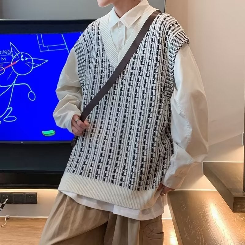 V-Neck Sweater Vest Men'S Waistcoat Trendy Japanese Loose Sleeveless Sweater With Shirt Trendy - Image 1