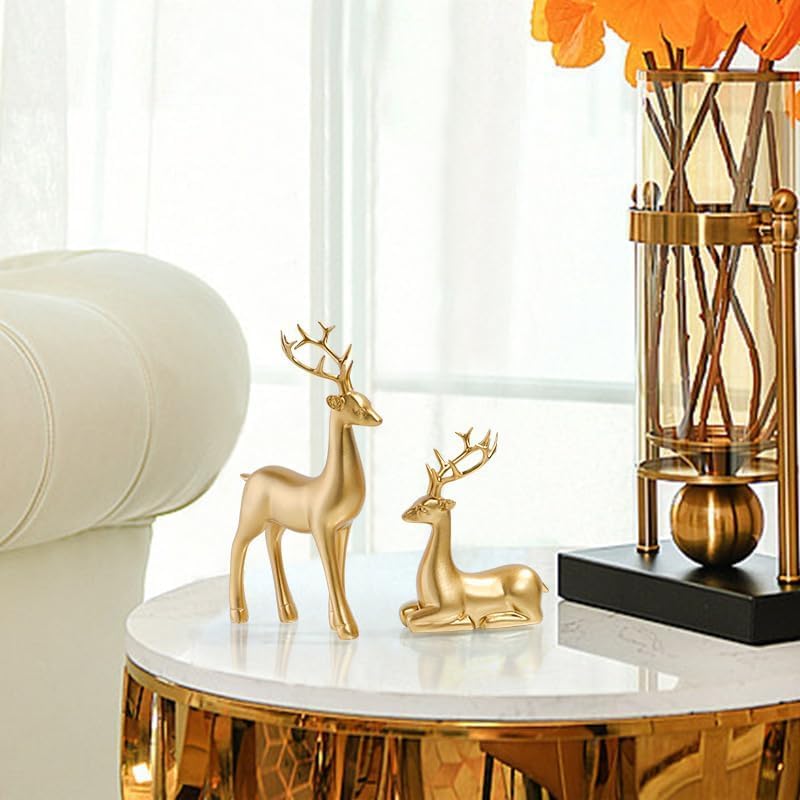 Tim Tim Agro 2 Pack Resin Christmas Reindeer Figurines Deer Statues Elk Sculpture Deer Ornaments for Living Figurine Statues TV Cabinet Home Office Wine Cabinet Decoration (Golden) - Image 4
