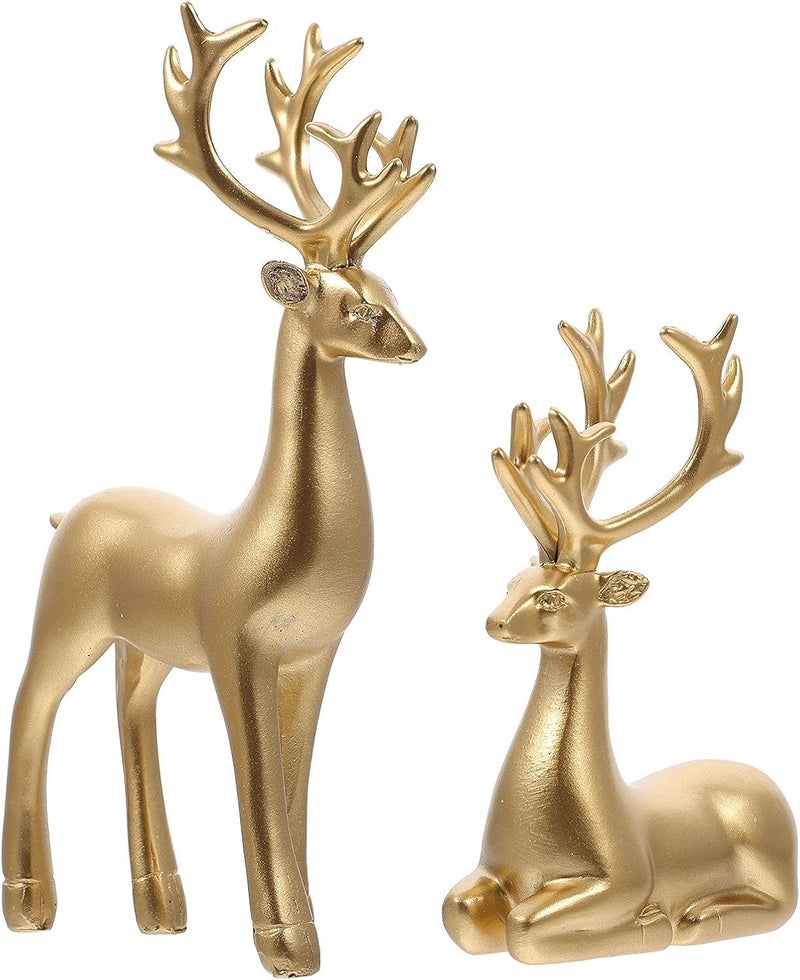 Tim Tim Agro 2 Pack Resin Christmas Reindeer Figurines Deer Statues Elk Sculpture Deer Ornaments for Living Figurine Statues TV Cabinet Home Office Wine Cabinet Decoration (Golden) - Image 1