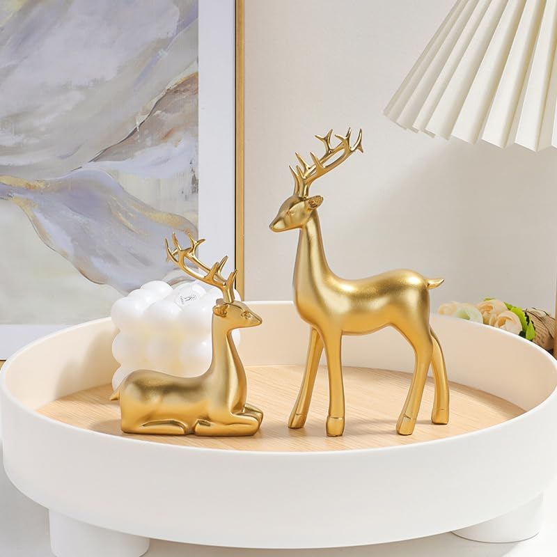 Tim Tim Agro 2 Pack Resin Christmas Reindeer Figurines Deer Statues Elk Sculpture Deer Ornaments for Living Figurine Statues TV Cabinet Home Office Wine Cabinet Decoration (Golden) - Image 2