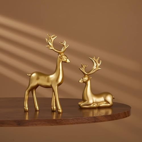 Tim Tim Agro 2 Pack Resin Christmas Reindeer Figurines Deer Statues Elk Sculpture Deer Ornaments for Living Figurine Statues TV Cabinet Home Office Wine Cabinet Decoration (Golden) - Image 3