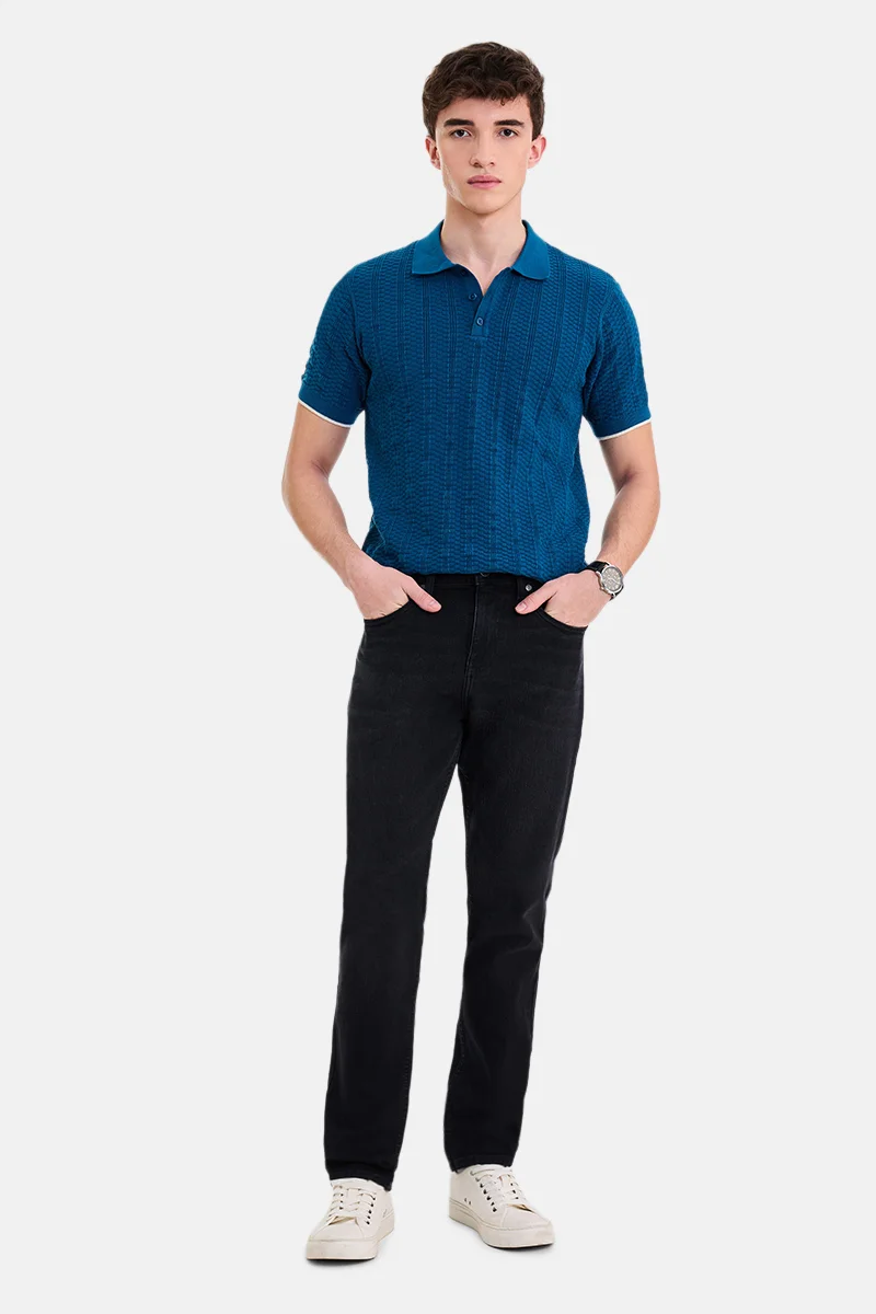 سنيتش Blue Textured Half Sleeve Regular Fit T-Shirt