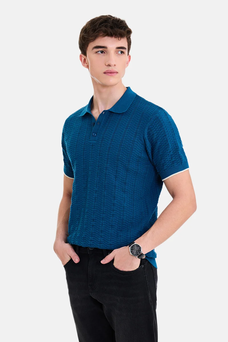 سنيتش Blue Textured Half Sleeve Regular Fit T-Shirt