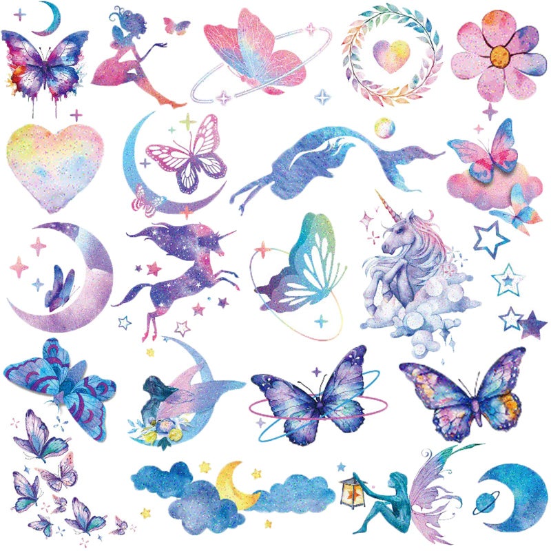 Hohamn Glitter Tattoos for Girls Women, 12 Sheets Glitter Butterfly Moon Flowers Mermaid Temporary Tattoos for Girls Birthday Party Supplies Gifts Decoration - Image 1