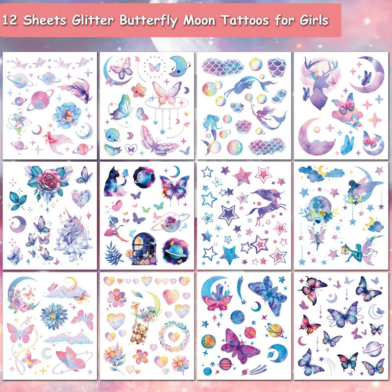 Hohamn Glitter Tattoos for Girls Women, 12 Sheets Glitter Butterfly Moon Flowers Mermaid Temporary Tattoos for Girls Birthday Party Supplies Gifts Decoration - Image 2