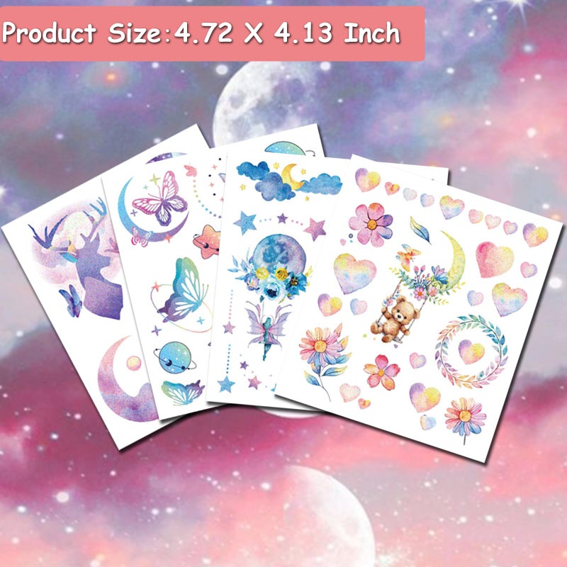 Hohamn Glitter Tattoos for Girls Women, 12 Sheets Glitter Butterfly Moon Flowers Mermaid Temporary Tattoos for Girls Birthday Party Supplies Gifts Decoration - Image 3