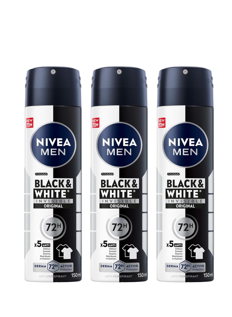 NIVEA MEN Antiperspirant Spray for Men, Black & White Invisible Protection Original, 3x150ml