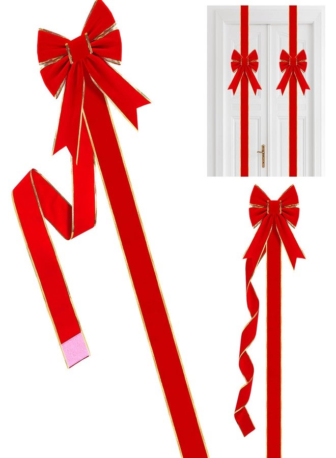 Canlierr 2 Pcs Christmas Cabinet Door Ribbon Bow Red Large Bow 8 x 80'' Linen Ribbon Bows with Gold Edge Festival Wrapping Decorations for Xmas Tree Fireplace Home Kitchen Front Door - Image 1
