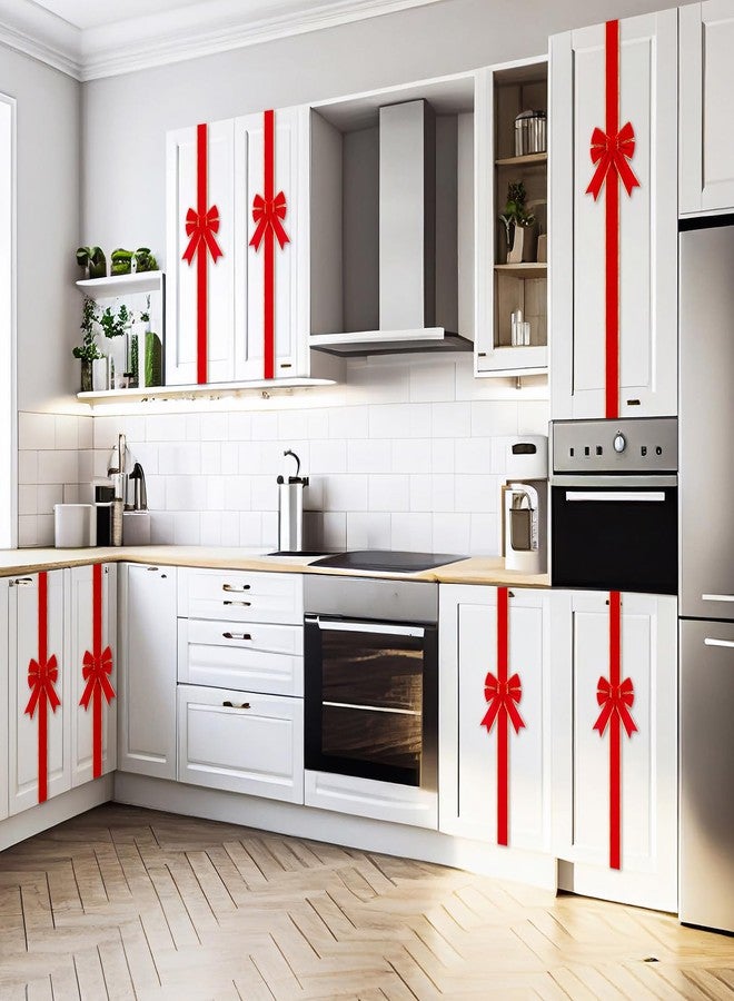Canlierr 2 Pcs Christmas Cabinet Door Ribbon Bow Red Large Bow 8 x 80'' Linen Ribbon Bows with Gold Edge Festival Wrapping Decorations for Xmas Tree Fireplace Home Kitchen Front Door - Image 4