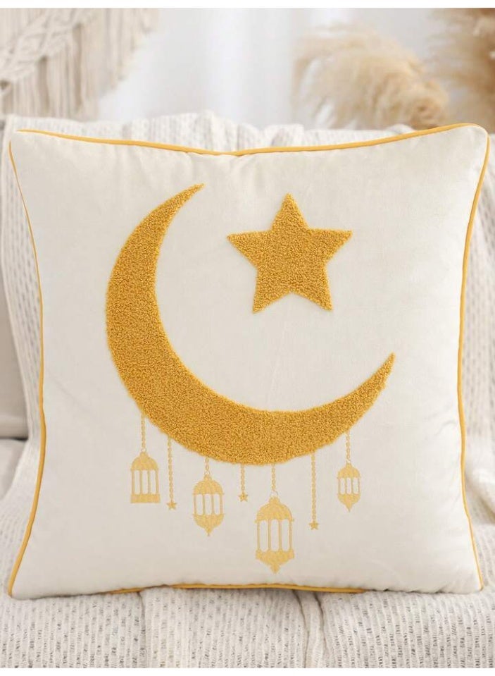 AL-HRAER Elegant Ramadan Embroidered Cushion Cover with Crescent Moon and Lantern Designs, Made from Premium Fabric – 45×45 cm - Image 1