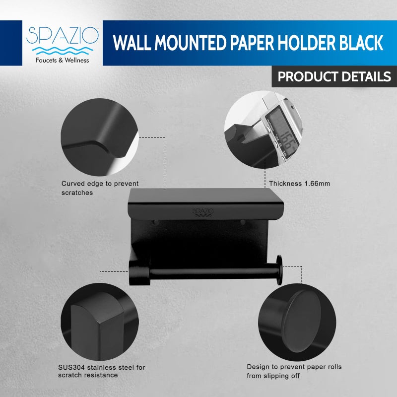 SPAZIO حامل ورق التواليت/موزع المناديل/حامل الورق من ستانلس ستيل أسود SPAZIO مع حامل موبايل لتواليت الحمام (تركيب على الحائط) - Image 4