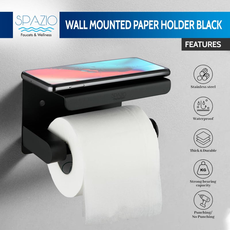 SPAZIO حامل ورق التواليت/موزع المناديل/حامل الورق من ستانلس ستيل أسود SPAZIO مع حامل موبايل لتواليت الحمام (تركيب على الحائط) - Image 3